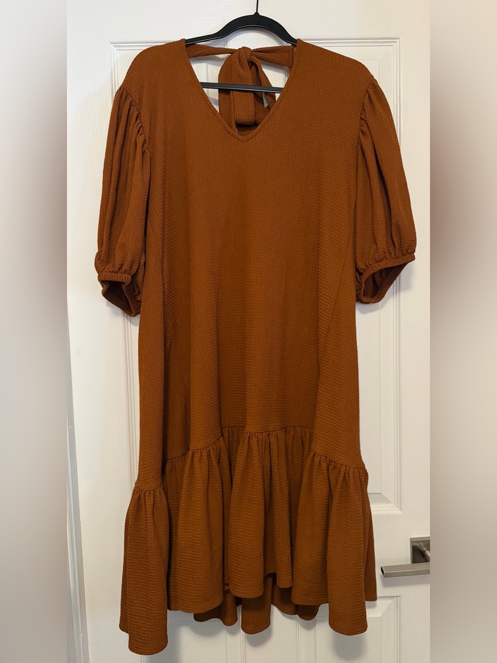 Gibson Latimer Burnt Orange Tie-Neck Puff Sleeve Midi Dress